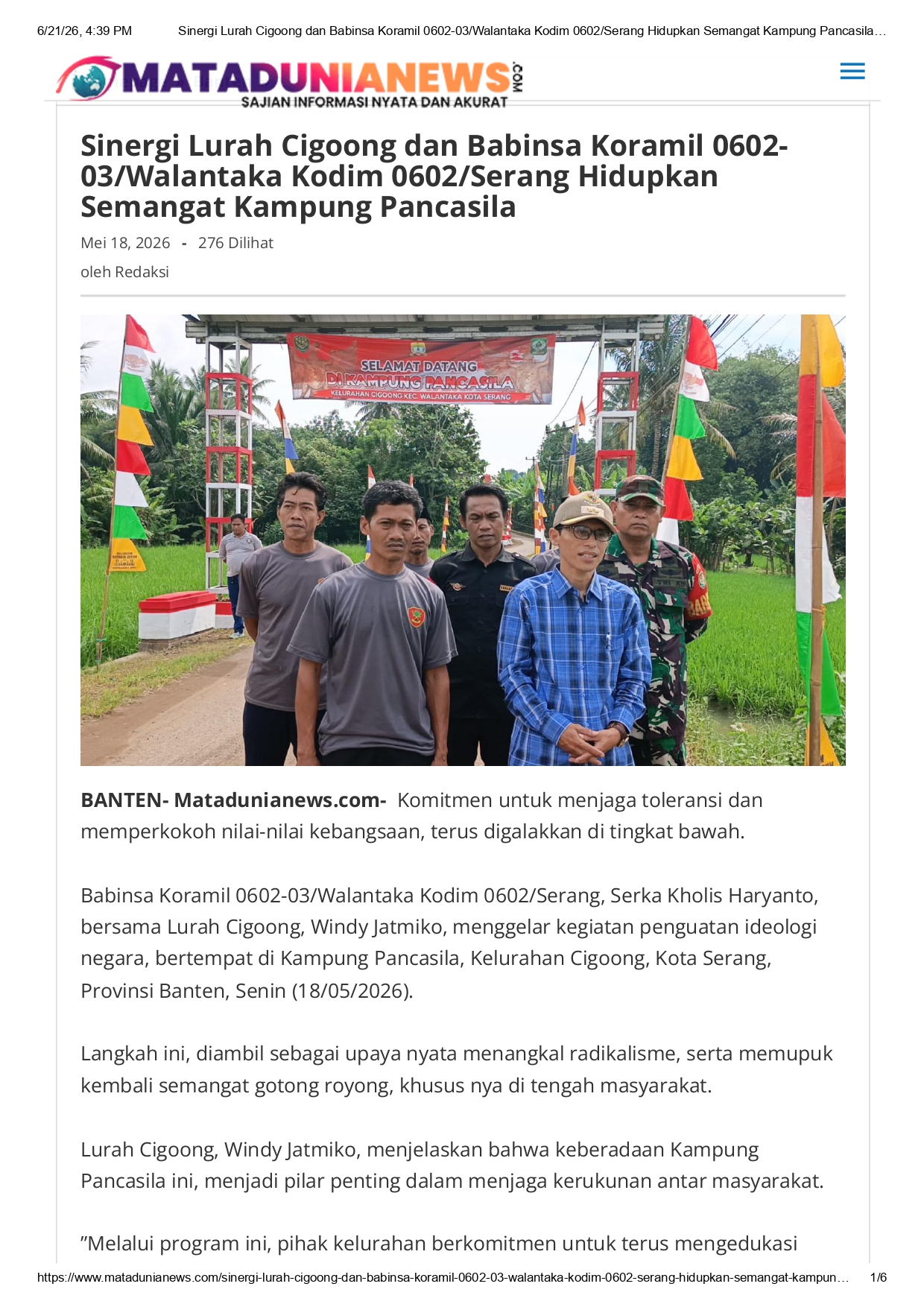 Sinergi Lurah Cigoong dan Babinsa Koramil 0602-03/Walantaka Kodim 0602/Serang Hidupkan Semangat Kampung Pancasila